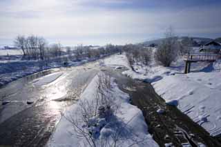 Foto, materieel, vrij, landschap, schilderstuk, bevoorraden foto,De rivier hetgeen kan worden gediepvroren, Rivier, Water, Besneeuwd veld, Het is besneeuwd