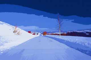 illust, material, livram, paisagem, quadro, pintura, lpis de cor, creiom, puxando,Uma estrada coberto de neve linha direta, Estradas frias, cu azul, campo nevado, Est nevado