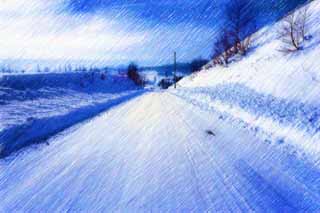 illust, materiale, libero panorama, ritratto dipinto, matita di colore disegna a pastello, disegnando,Una strada coperta di neve linea diritta, Strade ghiacciate, cielo blu, campo nevoso,  nevoso