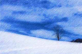 illust, materiell, befreit, Landschaft, Bild, Gemlde, Farbbleistift, Wachsmalstift, Zeichnung,,Ein schneebedecktes Feld, schneebedecktes Feld, Berg, Baum, blauer Himmel