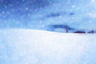 illustration,material,free,landscape,picture,painting,color pencil,crayon,drawing,A snowy field, snowy field, mountain, tree, blue sky