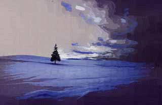 Illust, materieel, vrij, landschap, schilderstuk, schilderstuk, kleuren potlood, crayon, werkje,Een snowy veld van een Kerst boom, Besneeuwd veld, Wolk, Boom, Blauwe lucht