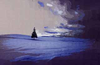 illust, materiell, befreit, Landschaft, Bild, Gemlde, Farbbleistift, Wachsmalstift, Zeichnung,,Ein schneebedecktes Feld eines Weihnachtsbaumes, schneebedecktes Feld, Wolke, Baum, blauer Himmel