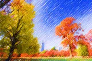Illust, materieel, vrij, landschap, schilderstuk, schilderstuk, kleuren potlood, crayon, werkje,Shinjuku Imperiale tuin van kleurig loof, Hoogbouw, Ginkgo, , Blauwe lucht