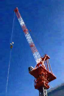 illust, matire, libre, paysage, image, le tableau, crayon de la couleur, colorie, en tirant,Une grue grand-de taille super, grue, Rouge et blanc, Construction, machine industrielle lourde