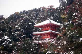 photo,material,free,landscape,picture,stock photo,Creative Commons,Three folds of Kinkazan towers, I am painted in red, Buddhism, It is snowy, mountain