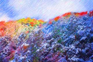 illust, matire, libre, paysage, image, le tableau, crayon de la couleur, colorie, en tirant,Kinkazan neigeux, montagne, Feuilles colores, C'est vide, arbre