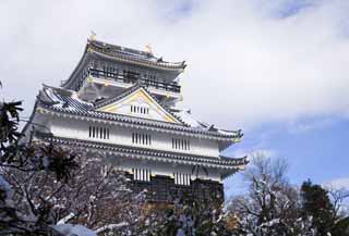 photo,material,free,landscape,picture,stock photo,Creative Commons,Gifu castle, Ishigaki, blue sky, castle, White