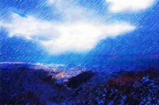 illustration,material,free,landscape,picture,painting,color pencil,crayon,drawing,A voice of the sky, It is snowy, Light, Gifu, town