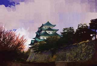 Illust, materieel, vrij, landschap, schilderstuk, schilderstuk, kleuren potlood, crayon, werkje,Nagoya-jo Kasteel, Moordenaar walvis snoek, Kasteel, Het kasteel toren, 