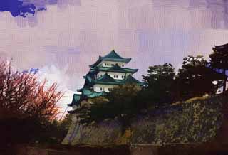 illust, material, livram, paisagem, quadro, pintura, lpis de cor, creiom, puxando,Nagoya-jo Castelo, pique de baleia assassina, castelo, A torre de castelo, 