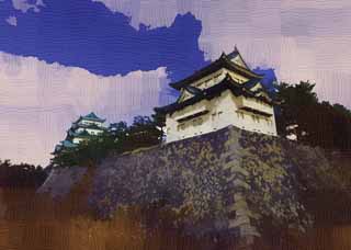 illust, material, livram, paisagem, quadro, pintura, lpis de cor, creiom, puxando,Nagoya-jo Castelo, pique de baleia assassina, castelo, A torre de castelo, Ishigaki