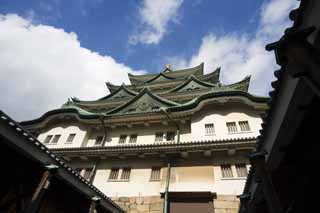 Foto, materieel, vrij, landschap, schilderstuk, bevoorraden foto,Nagoya-jo Kasteel, Moordenaar walvis snoek, Kasteel, Het kasteel toren, 