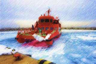 illust, matire, libre, paysage, image, le tableau, crayon de la couleur, colorie, en tirant,Transportez Garinko 2, Glaces en drive, Glace, port, bateau