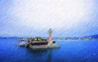 illust, matire, libre, paysage, image, le tableau, crayon de la couleur, colorie, en tirant,Un phare de Monbetsu, phare, brise-lames, port, La mer