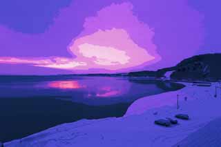 illustration,material,free,landscape,picture,painting,color pencil,crayon,drawing,The daybreak of Okhotsk, The seaside, Dawn, It is snowy, Purplish red