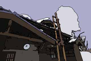 illust, materiale, libero panorama, ritratto dipinto, matita di colore disegna a pastello, disegnando,Un personale di prigione abitazione ufficiale, Prigione di Abashiri, Di legno, Un bulbo elettrico,  nevoso