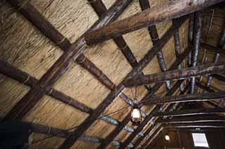 Foto, materieel, vrij, landschap, schilderstuk, bevoorraden foto,Een stro-thatched gebouw, Abashiri kerker, Van hout, Riet een dak met de stro, Thatching een dak