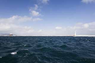 Foto, materiell, befreit, Landschaft, Bild, hat Foto auf Lager,Abashiri-Hafen, Leuchtturm, Das Meer von Okhotsk, Welle, blauer Himmel