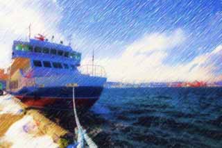 illust, materiell, befreit, Landschaft, Bild, Gemlde, Farbbleistift, Wachsmalstift, Zeichnung,,Polarlicht des Abashiri-Hafens, Schiff, Ein Eisbrecher, Welle, blauer Himmel