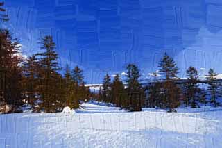 illust, materiell, befreit, Landschaft, Bild, Gemlde, Farbbleistift, Wachsmalstift, Zeichnung,,Bume eines schneebedeckten Feldes, schneebedecktes Feld, Nadelbaum, Die Sonne, Ich bin kalt