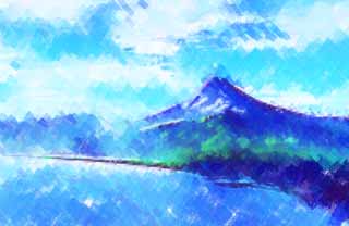 illustration,material,free,landscape,picture,painting,color pencil,crayon,drawing,5,000m Mt. Fuji, shaft of light, cloud, Fuji, The sea