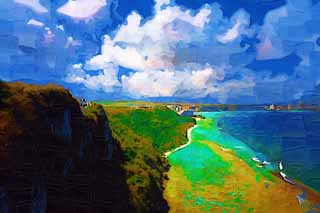 illust, materiale, libero panorama, ritratto dipinto, matita di colore disegna a pastello, disegnando,Blu di golfo di Tumon, isola meridionale, ricorso, Tropicale, scogliera di corallo