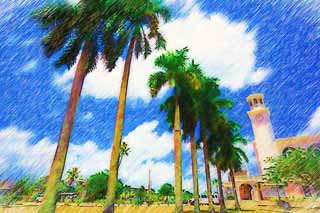 illustration,material,free,landscape,picture,painting,color pencil,crayon,drawing,It is a coconut tree in a sanctuary, Lasi, palm, coconut tree, The Catholic Church
