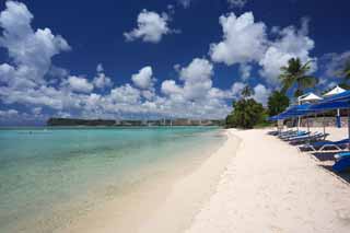 fotografia, material, livra, ajardine, imagine, proveja fotografia,Uma praia de Golfo de Tumon, praia arenosa, gua de mar, guarda-sol, Verde de esmeralda