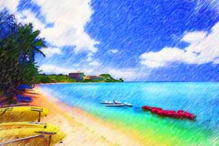 illustration,material,free,landscape,picture,painting,color pencil,crayon,drawing,A beach of Gulf of Tumon, sandy beach, Seawater, beach umbrella, kayak
