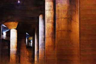 illustration,material,free,landscape,picture,painting,color pencil,crayon,drawing,A huge underground shrine, Concrete, pillar, reservoir, basement