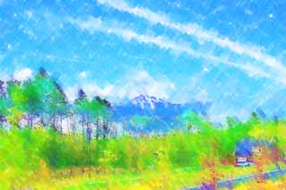 illustration,material,free,landscape,picture,painting,color pencil,crayon,drawing,Yatsugatake of early summer, Yatsugatake, The snowy mountains, plateau, The villa ground