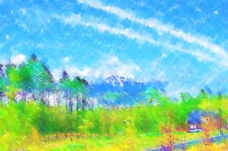 illust, materiell, befreit, Landschaft, Bild, Gemlde, Farbbleistift, Wachsmalstift, Zeichnung,,Yatsugatake frhen Sommers, Yatsugatake, Die schneebedeckten Berge, Plateau, Die Villa lief auf Grund