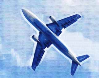 illust, materiell, befreit, Landschaft, Bild, Gemlde, Farbbleistift, Wachsmalstift, Zeichnung,,Ein Dsenflugzeug, Ein Flugzeug, Passagierflugzeug, Der Himmel, Dsenflugzeug