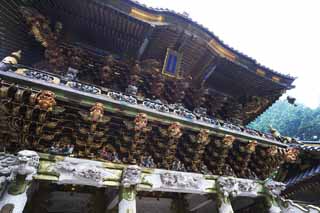 photo, la matire, libre, amnage, dcrivez, photo de la rserve,Regardez en haut au Tosho-gu Temple porte lgre positive, La porte lgre positive, patrimoine de l'humanit, sculpture, Je suis luxueux