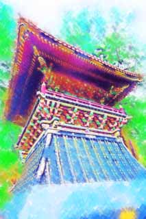 illust, materiell, befreit, Landschaft, Bild, Gemlde, Farbbleistift, Wachsmalstift, Zeichnung,,Ein Trommelturm von Tosho-gu Schrein, Trommelturm, Welterbe, , 