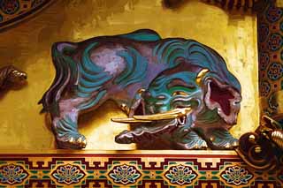 Illust, materieel, vrij, landschap, schilderstuk, schilderstuk, kleuren potlood, crayon, werkje,Een olifants van de verbeelding van Tosho-gu Heiligdom, Een olifants van de verbeelding, Goud vel, Een beest, 