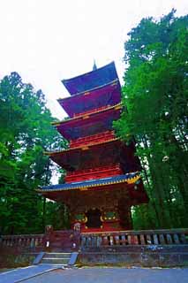 Illust, materieel, vrij, landschap, schilderstuk, schilderstuk, kleuren potlood, crayon, werkje,Vijf Storeyed Pagoda van Tosho-gu Heiligdom, Tosho-gu Heiligdom, Vijf Storeyed Pagoda, Ik ben cinnabar rood, Wereld heritage