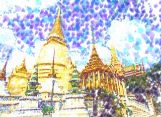 Illust, materieel, vrij, landschap, schilderstuk, schilderstuk, kleuren potlood, crayon, werkje,Tempel van de Emerald Buddha, Goud, Boeddha, Tempel van de Smaragd Boeddha, Bezoekende touristenplaats