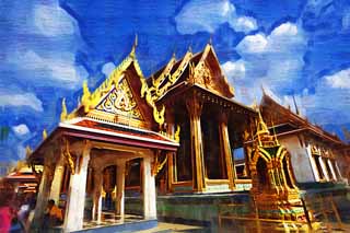 illust, materiell, befreit, Landschaft, Bild, Gemlde, Farbbleistift, Wachsmalstift, Zeichnung,,Der Tempel vom Smaragdgrnen Buddha Haupthalle eines Buddhistischen Tempels, Gold, Buddha, Tempel vom smaragdgrnen Buddha, Besichtigung