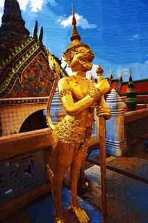 illust, materiale, libero panorama, ritratto dipinto, matita di colore disegna a pastello, disegnando,Una divinit custode e dorata, Oro, Budda, Tempio dello smeraldo Budda, Facendo il turista