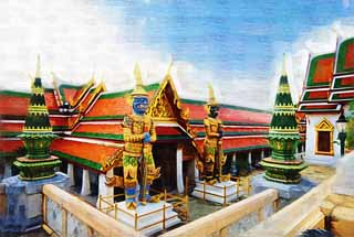 illust, materiell, befreit, Landschaft, Bild, Gemlde, Farbbleistift, Wachsmalstift, Zeichnung,,Eine thailndische Htergottheit, Gold, Buddha, Tempel vom smaragdgrnen Buddha, Besichtigung