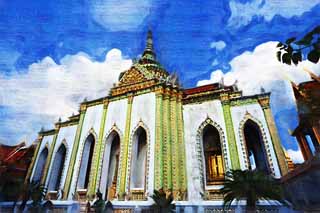 Illust, materieel, vrij, landschap, schilderstuk, schilderstuk, kleuren potlood, crayon, werkje,Tempel van de Emerald Buddha, Goud, Boeddha, Tempel van de Smaragd Boeddha, Bezoekende touristenplaats