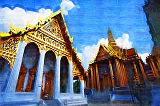 illust, materiell, befreit, Landschaft, Bild, Gemlde, Farbbleistift, Wachsmalstift, Zeichnung,,Tempel vom smaragdgrnen Buddha, Gold, Buddha, Tempel vom smaragdgrnen Buddha, Besichtigung