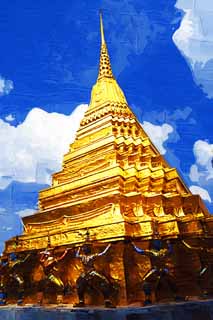 illust, materiell, befreit, Landschaft, Bild, Gemlde, Farbbleistift, Wachsmalstift, Zeichnung,,Tempel vom smaragdgrnen Buddha, Gold, Buddha, Tempel vom smaragdgrnen Buddha, Besichtigung