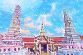 illust, materiell, befreit, Landschaft, Bild, Gemlde, Farbbleistift, Wachsmalstift, Zeichnung,,Ein Turm des Tempels vom Smaragdgrnen Buddha, Gold, Buddha, Tempel vom smaragdgrnen Buddha, Besichtigung