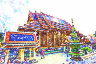 illust, materiell, befreit, Landschaft, Bild, Gemlde, Farbbleistift, Wachsmalstift, Zeichnung,,Ein Pfeiler des Tempels vom Smaragdgrnen Buddha Haupthalle eines Buddhistischen Tempels, Gold, Buddha, Tempel vom smaragdgrnen Buddha, Besichtigung