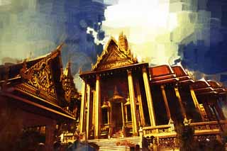 illust, materiale, libero panorama, ritratto dipinto, matita di colore disegna a pastello, disegnando,Pantheon Reale, Oro, Budda, Tempio dello smeraldo Budda, Facendo il turista
