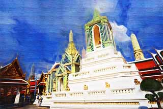 illust, materiell, befreit, Landschaft, Bild, Gemlde, Farbbleistift, Wachsmalstift, Zeichnung,,Eine goldene Pagode des Tempels vom Smaragdgrnen Buddha, Gold, Buddha, Tempel vom smaragdgrnen Buddha, Besichtigung