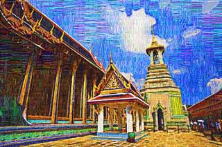 illust, materiell, befreit, Landschaft, Bild, Gemlde, Farbbleistift, Wachsmalstift, Zeichnung,,Glockenturm des Tempels vom smaragdgrnen Buddha, Gold, Buddha, Tempel vom smaragdgrnen Buddha, Besichtigung